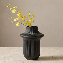 Load image into Gallery viewer, Onyx Matte Black Ribbed Glass Flared Vase