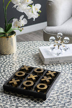 Load image into Gallery viewer, 10x10x1" Black Wooden Tic-Tac-Toe Game Set Gold Iron Pieces