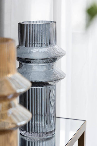 S/2 D5.9x12" Fluted Vases w/ Ribbed Design - Clear/Blue