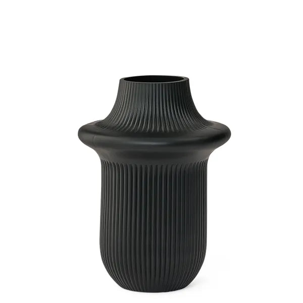 Onyx Matte Black Ribbed Glass Flared Vase