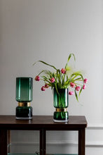 Load image into Gallery viewer, Retro Futurist, Luxury Green Glass Vase with Gold Tier