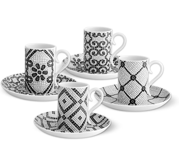 CALCADA PORTUGUESA SET OF 4 COFFEE CUPS & SAUCERS IN WHITE & BLACK