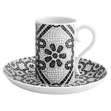 Load image into Gallery viewer, CALCADA PORTUGUESA SET OF 4 COFFEE CUPS &amp; SAUCERS IN WHITE &amp; BLACK