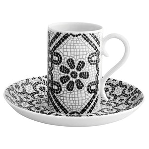 CALCADA PORTUGUESA SET OF 4 COFFEE CUPS & SAUCERS IN WHITE & BLACK