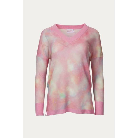 NEW BRODIE CASHMERE daydream harriet v-neck sweater in pink mix print