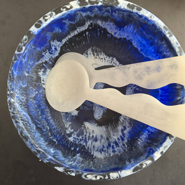 Large Hand Poured Resin Salad Serving Bowl & White Server