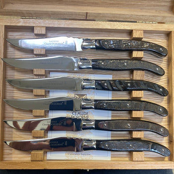 Oak box of 6 Laguiole Steak Knives Buffalo Horn Handle