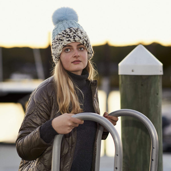 Beanie Colour Block - ice | white/black blend beanie color block + baby blue xl pom