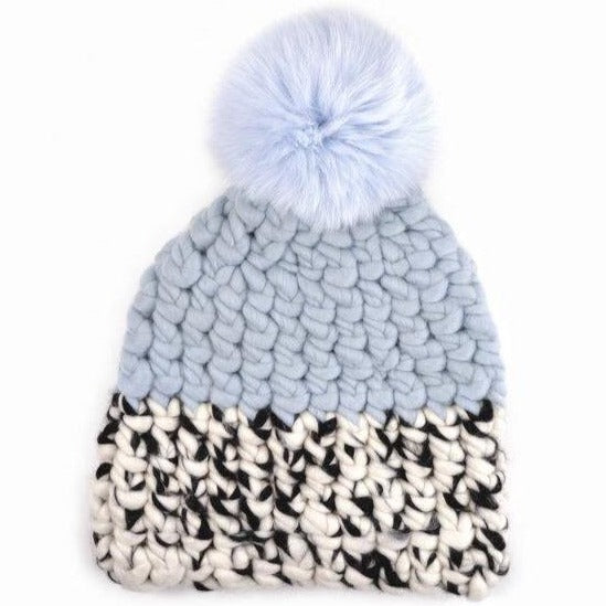 Beanie Colour Block - ice | white/black blend beanie color block + baby blue xl pom